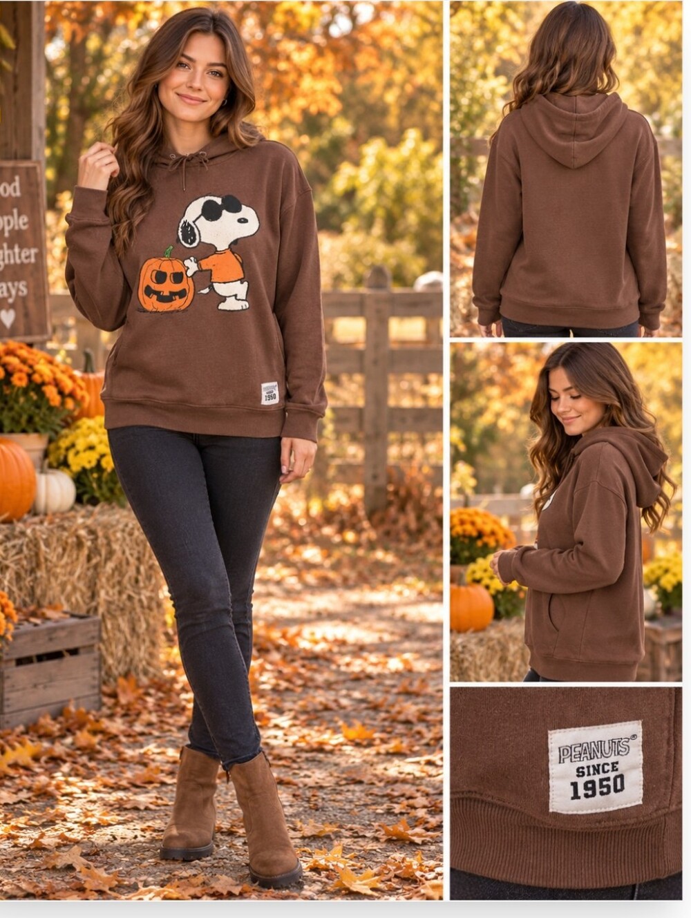 Peanuts Snoopy Pumpkin Brown Hoodie Sweatshirt XXS Halloween Fall Graphic - Picture 2 of 11
